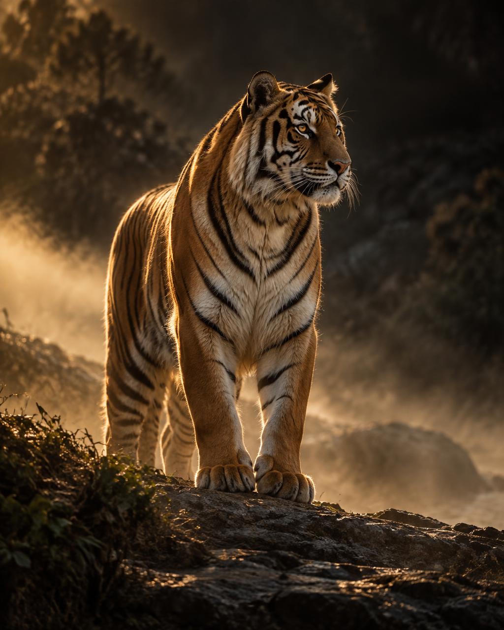 Tiger standing in warm golden light
